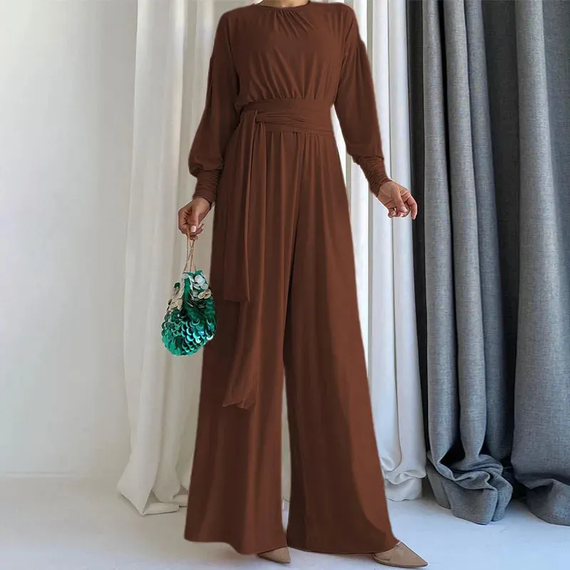 Round Neck Vintage Casual Wide Leg Jumpsuit