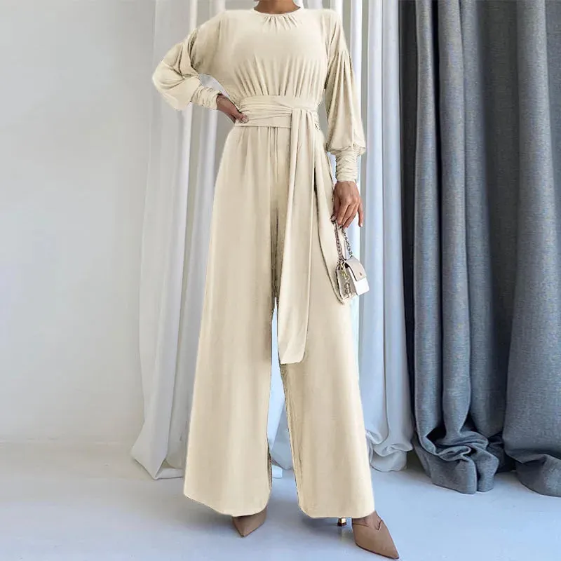 Round Neck Vintage Casual Wide Leg Jumpsuit