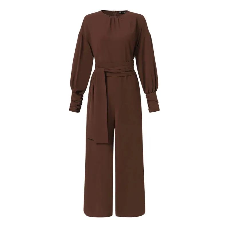 Round Neck Vintage Casual Wide Leg Jumpsuit