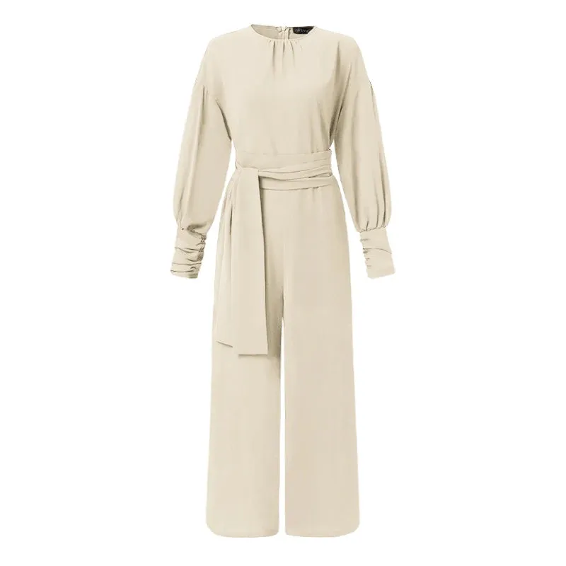 Round Neck Vintage Casual Wide Leg Jumpsuit