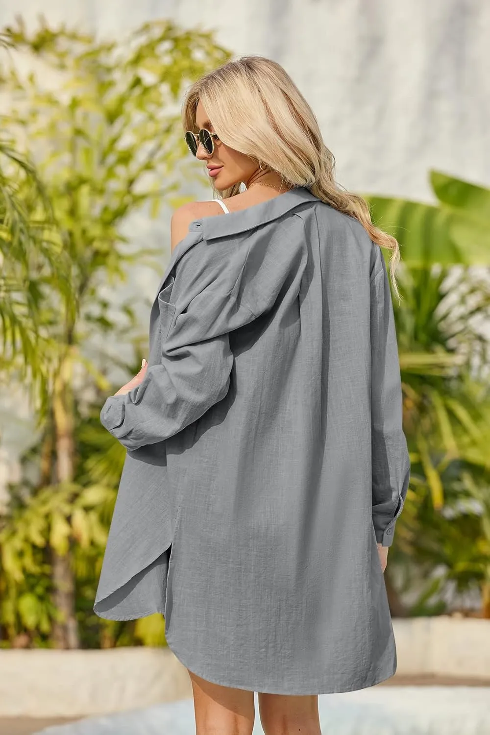 Runcati Womens Button Down Shirts Linen Cotton Long Sleeve Blouse Tunic Tops Cover Up Shirt Loose Beach Bikini Dress