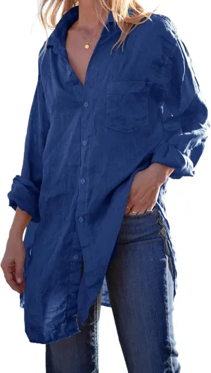 Runcati Womens Button Down Shirts Linen Cotton Long Sleeve Blouse Tunic Tops Cover Up Shirt Loose Beach Bikini Dress