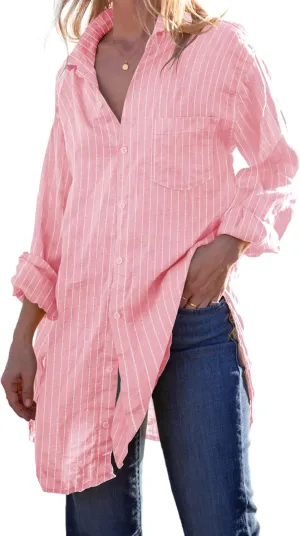 Runcati Womens Button Down Shirts Linen Cotton Long Sleeve Blouse Tunic Tops Cover Up Shirt Loose Beach Bikini Dress