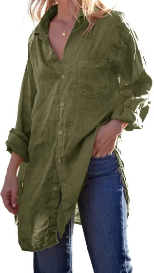 Runcati Womens Button Down Shirts Linen Cotton Long Sleeve Blouse Tunic Tops Cover Up Shirt Loose Beach Bikini Dress