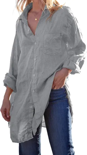Runcati Womens Button Down Shirts Linen Cotton Long Sleeve Blouse Tunic Tops Cover Up Shirt Loose Beach Bikini Dress