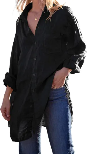 Runcati Womens Button Down Shirts Linen Cotton Long Sleeve Blouse Tunic Tops Cover Up Shirt Loose Beach Bikini Dress