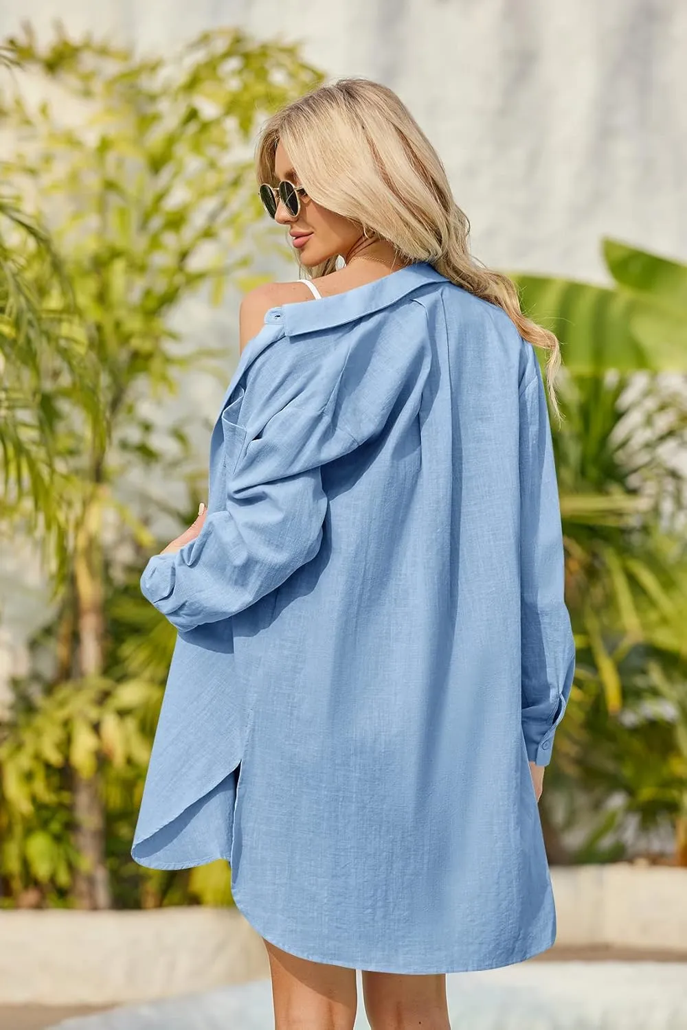 Runcati Womens Button Down Shirts Linen Cotton Long Sleeve Blouse Tunic Tops Cover Up Shirt Loose Beach Bikini Dress