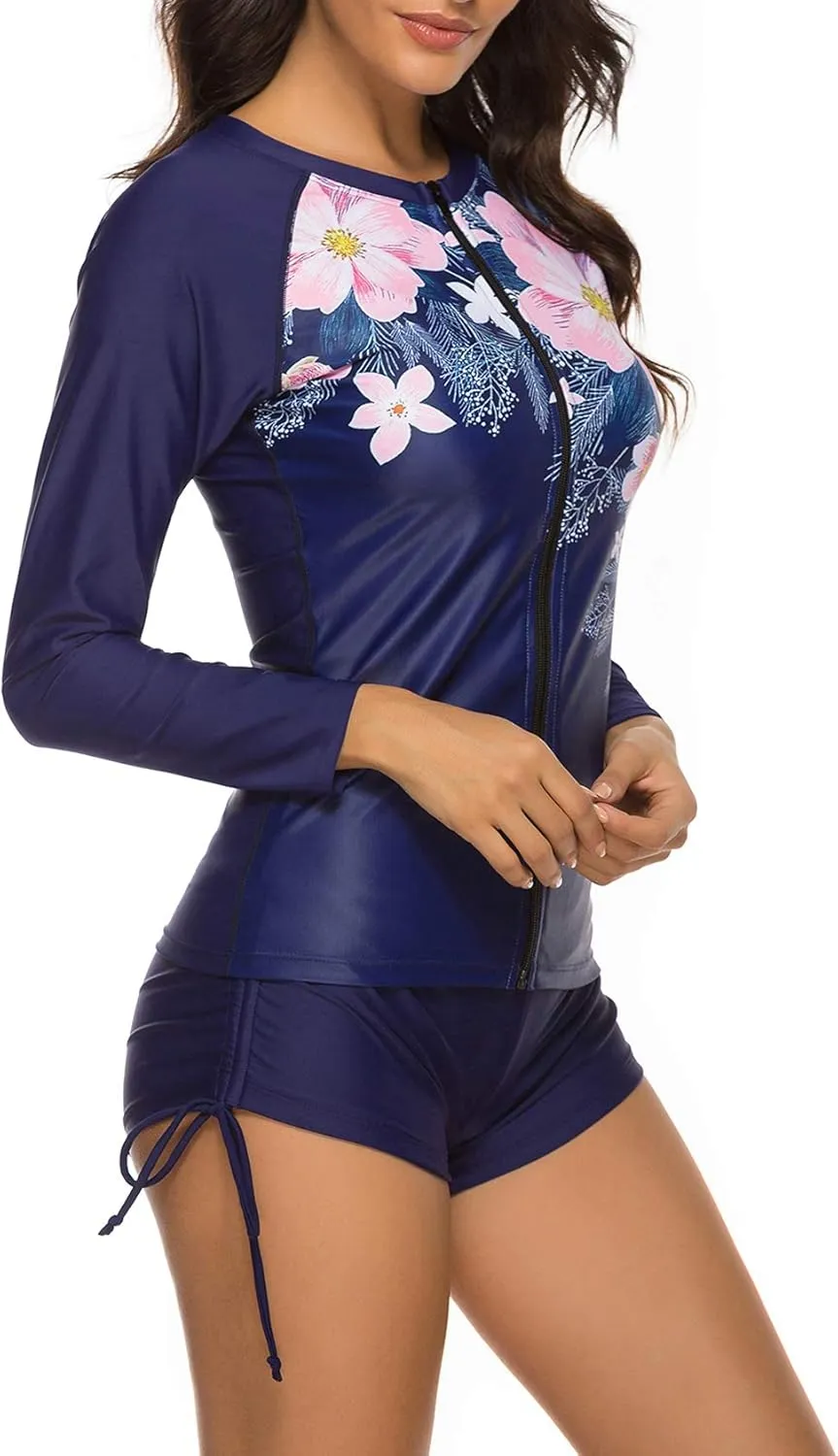 Runtlly Womens Rash Guard Swimsuit Long Sleeve Sun Protection Sport Printed Wetsuit Two Piece Swimsuit Set UPF 50 