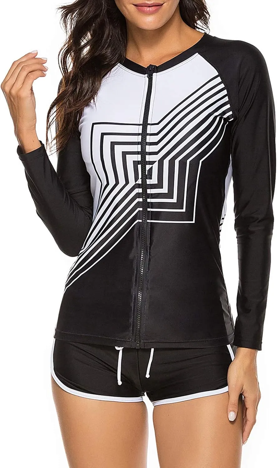 Runtlly Womens Rash Guard Swimsuit Long Sleeve Sun Protection Sport Printed Wetsuit Two Piece Swimsuit Set UPF 50 