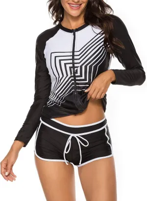 Runtlly Womens Rash Guard Swimsuit Long Sleeve Sun Protection Sport Printed Wetsuit Two Piece Swimsuit Set UPF 50 