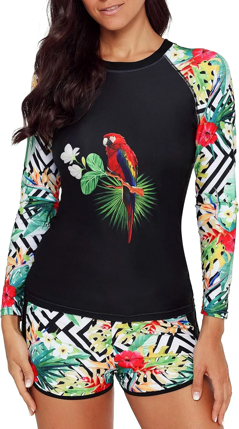 Runtlly Womens Rash Guard Swimsuit Long Sleeve Sun Protection Sport Printed Wetsuit Two Piece Swimsuit Set UPF 50 