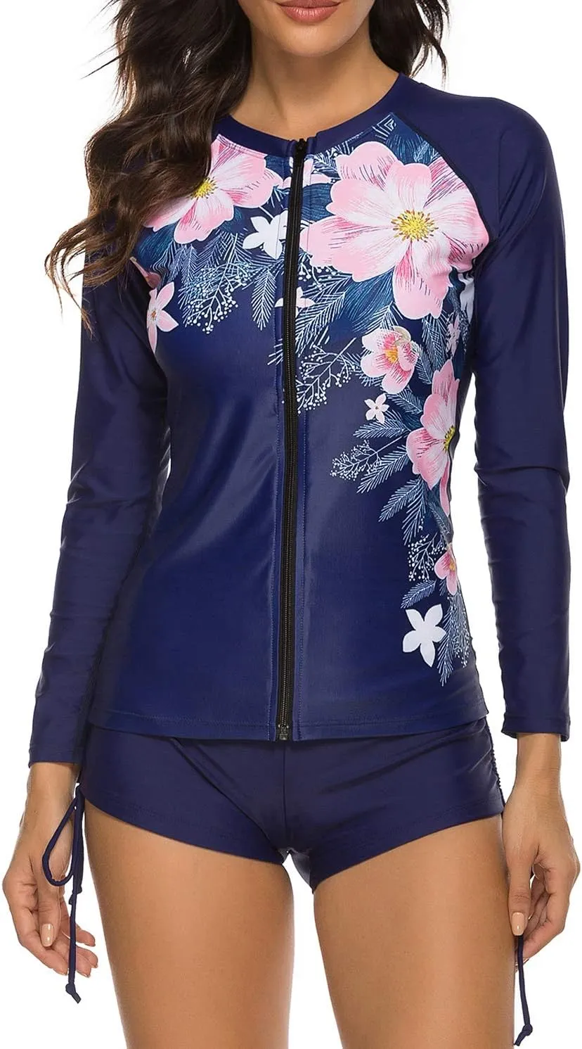 Runtlly Womens Rash Guard Swimsuit Long Sleeve Sun Protection Sport Printed Wetsuit Two Piece Swimsuit Set UPF 50 