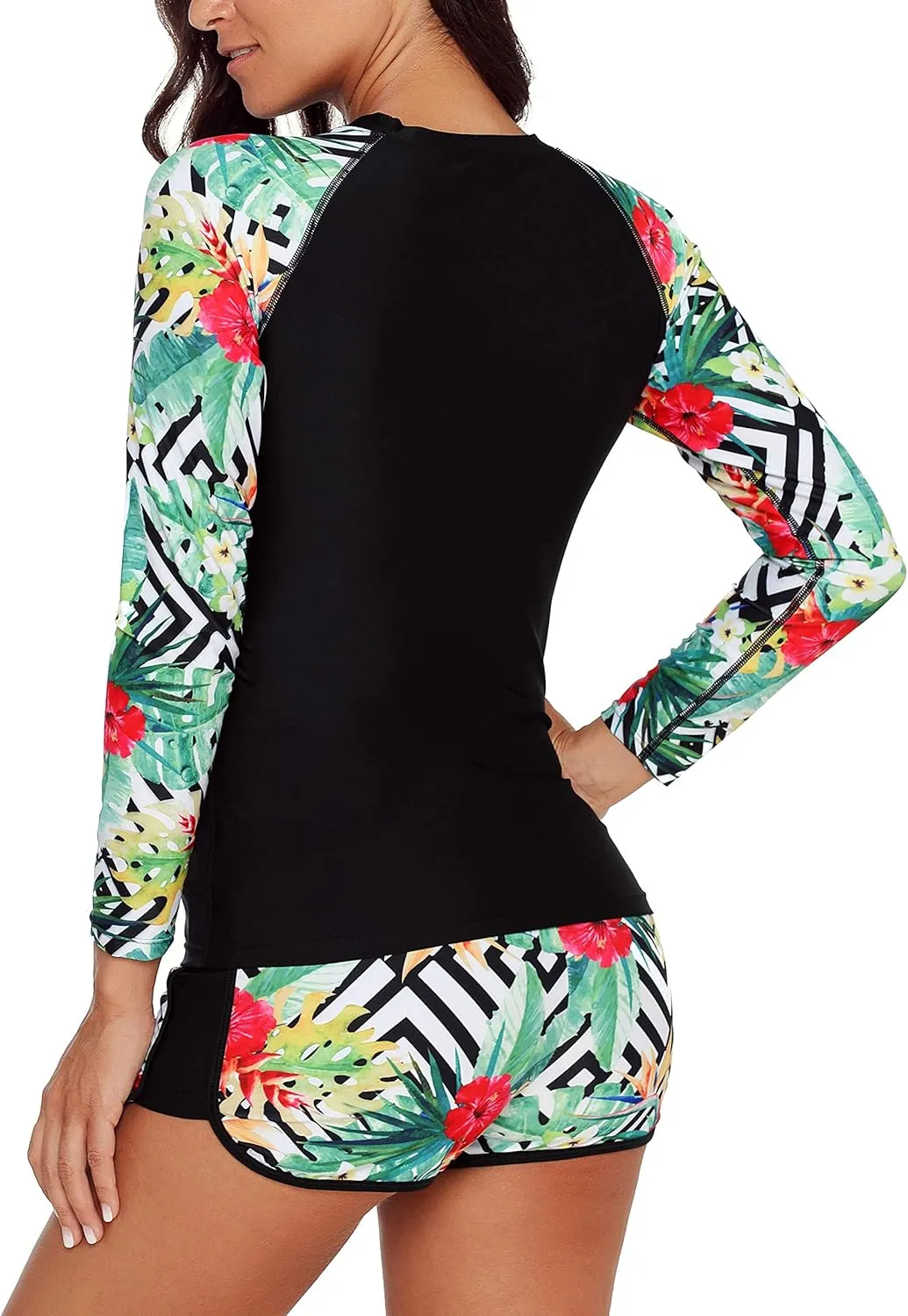 Runtlly Womens Rash Guard Swimsuit Long Sleeve Sun Protection Sport Printed Wetsuit Two Piece Swimsuit Set UPF 50 