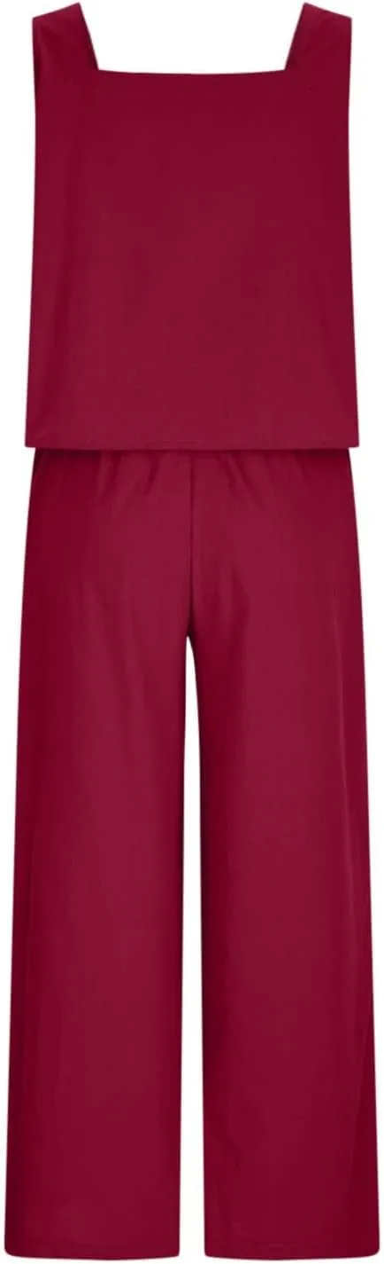 SACFOF Women's 2 Piece Outfits Linen Pants Jumpsuits Lounge Set Summer Sleeveless Crop Top Beach Vacation Wide Leg Pants