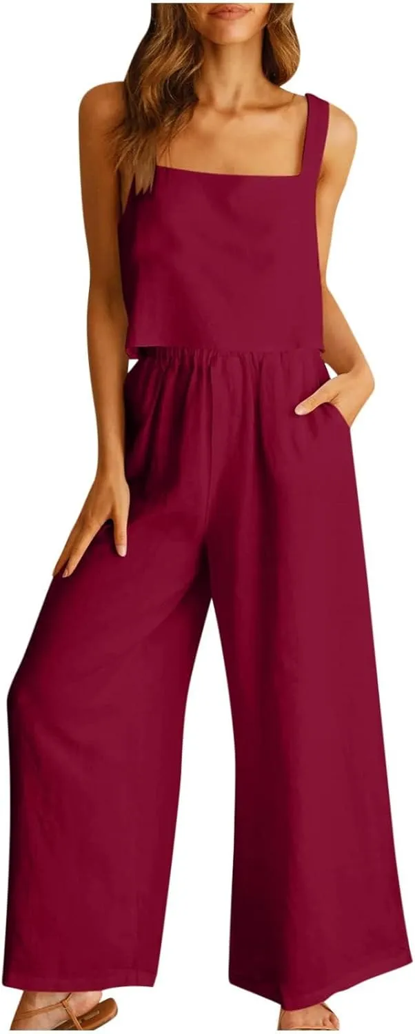 SACFOF Women's 2 Piece Outfits Linen Pants Jumpsuits Lounge Set Summer Sleeveless Crop Top Beach Vacation Wide Leg Pants