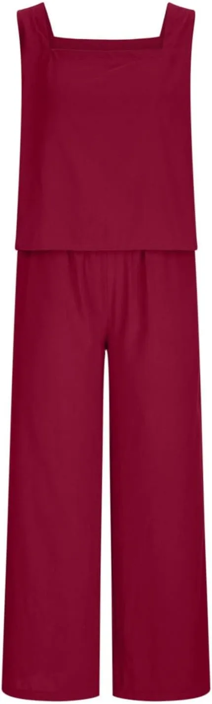 SACFOF Women's 2 Piece Outfits Linen Pants Jumpsuits Lounge Set Summer Sleeveless Crop Top Beach Vacation Wide Leg Pants
