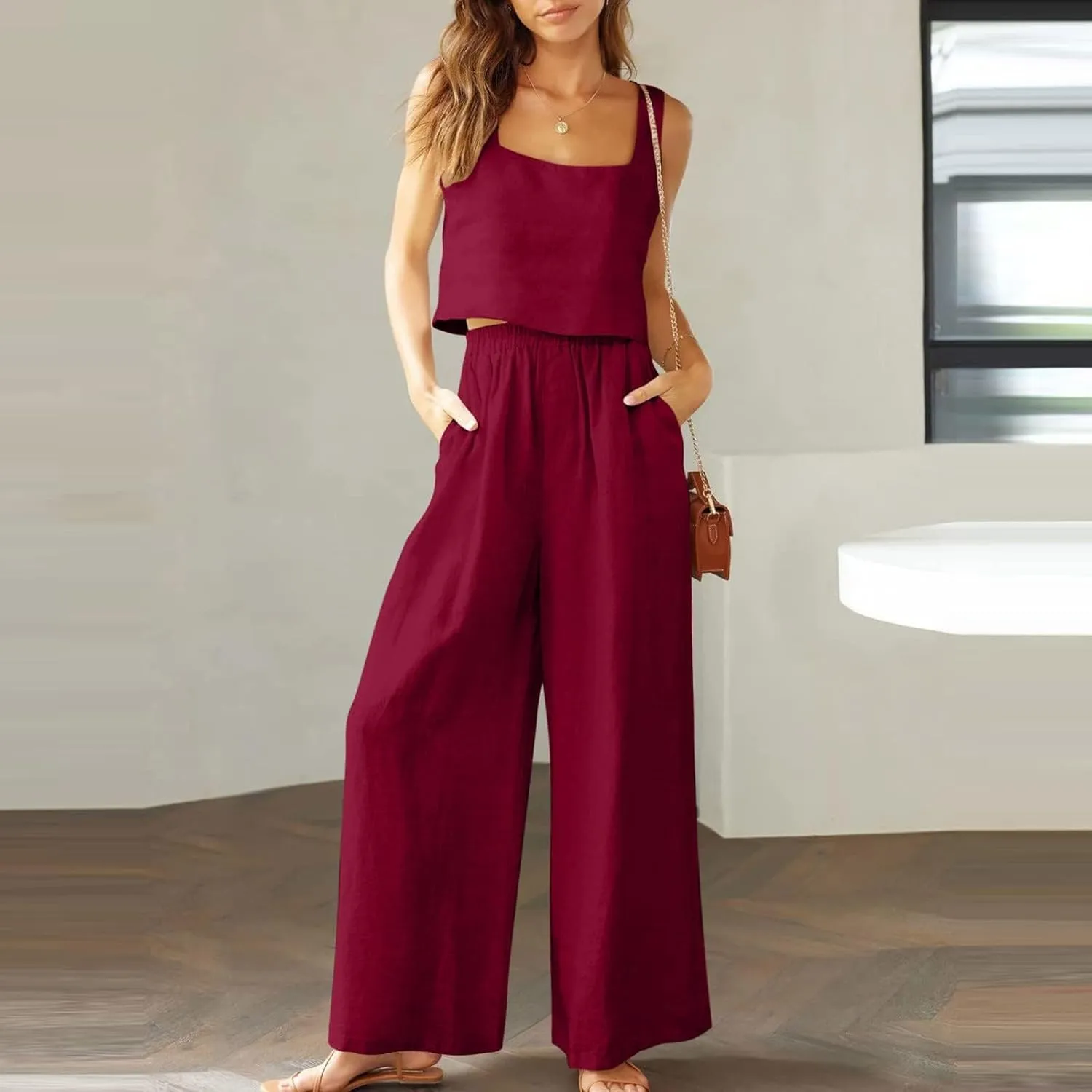 SACFOF Women's 2 Piece Outfits Linen Pants Jumpsuits Lounge Set Summer Sleeveless Crop Top Beach Vacation Wide Leg Pants