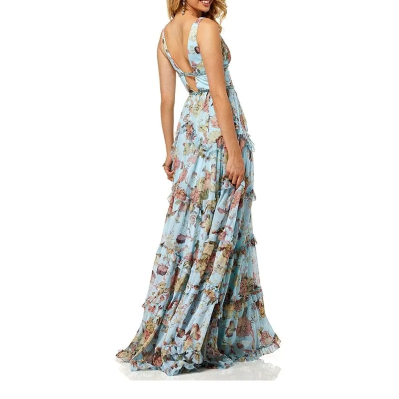 Sage Olive Floral V-Neck Sleeveless Tulle Dress