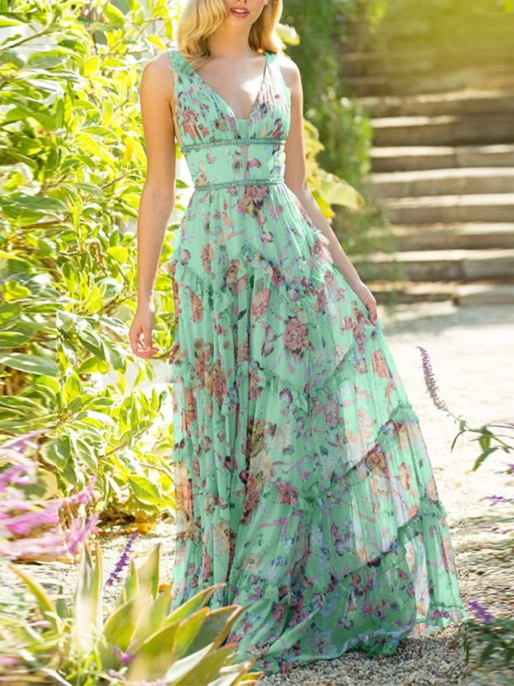 Sage Olive Floral V-Neck Sleeveless Tulle Dress