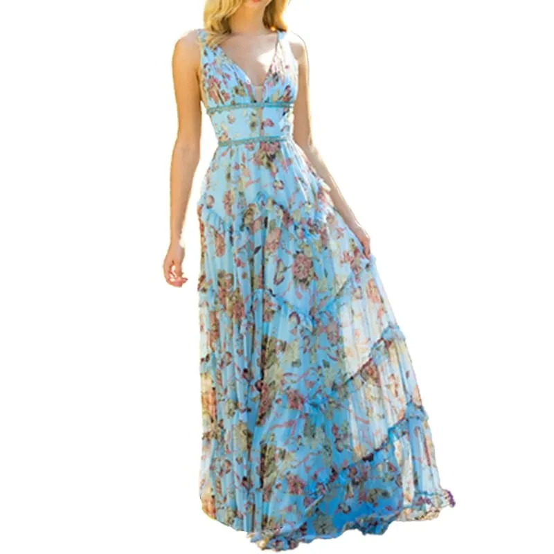Sage Olive Floral V-Neck Sleeveless Tulle Dress