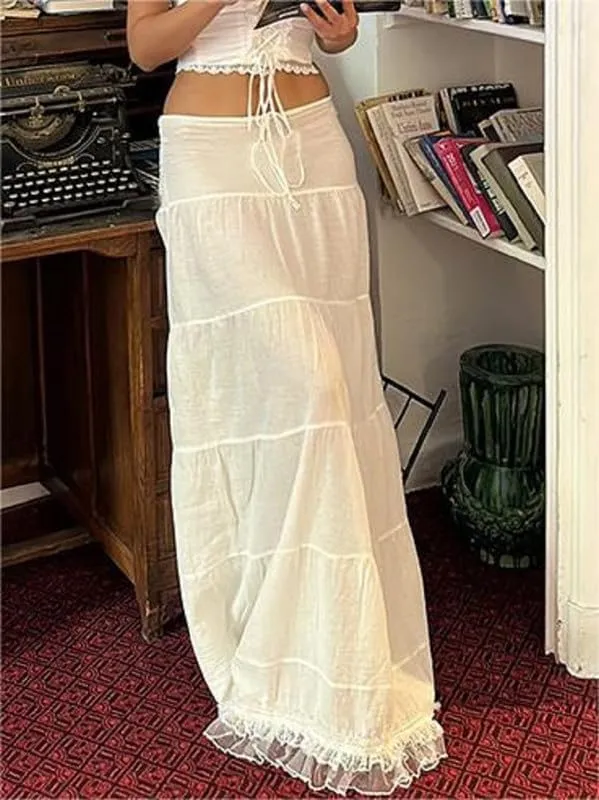 Sastianaen Women Y2k Ruffle Maxi Skirt Vintage Flowy A Line Tiered Long Skirt Boho High Waist Skirt Going Out Beachwear