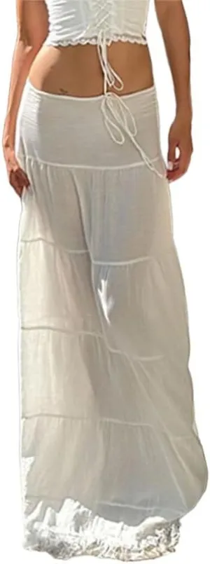 Sastianaen Women Y2k Ruffle Maxi Skirt Vintage Flowy A Line Tiered Long Skirt Boho High Waist Skirt Going Out Beachwear