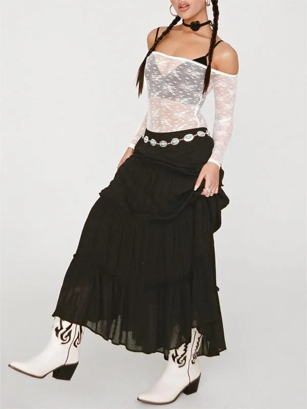 Sastianaen Women Y2k Ruffle Maxi Skirt Vintage Flowy A Line Tiered Long Skirt Boho High Waist Skirt Going Out Beachwear