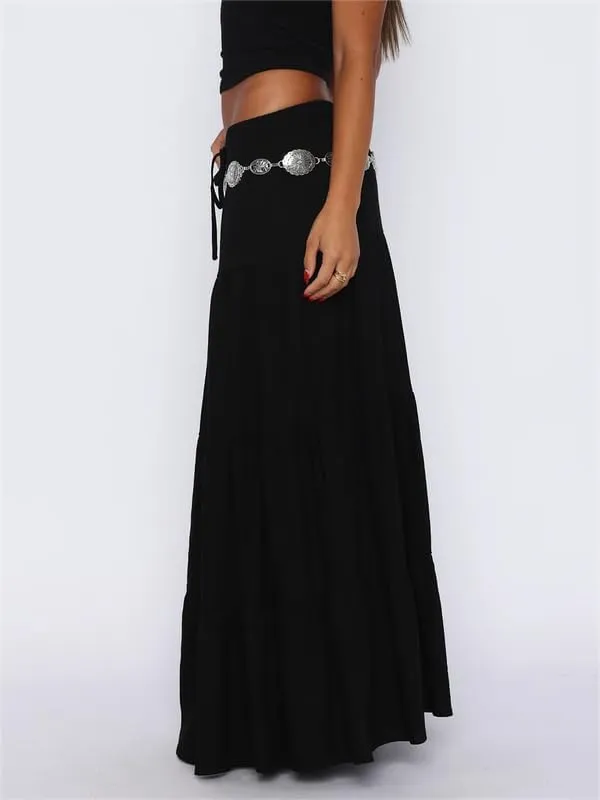 Sastianaen Women Y2k Ruffle Maxi Skirt Vintage Flowy A Line Tiered Long Skirt Boho High Waist Skirt Going Out Beachwear