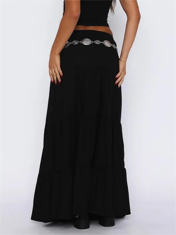 Sastianaen Women Y2k Ruffle Maxi Skirt Vintage Flowy A Line Tiered Long Skirt Boho High Waist Skirt Going Out Beachwear