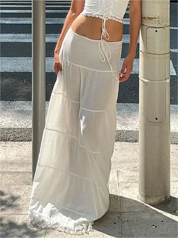 Sastianaen Women Y2k Ruffle Maxi Skirt Vintage Flowy A Line Tiered Long Skirt Boho High Waist Skirt Going Out Beachwear