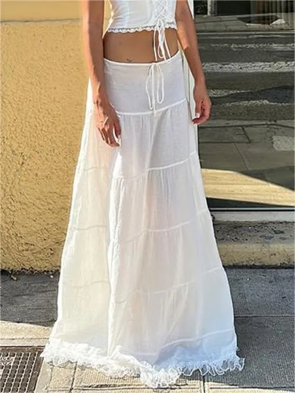 Sastianaen Women Y2k Ruffle Maxi Skirt Vintage Flowy A Line Tiered Long Skirt Boho High Waist Skirt Going Out Beachwear