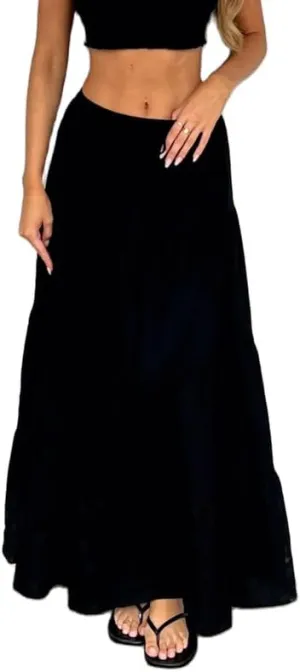 Sastianaen Women Y2k Ruffle Maxi Skirt Vintage Flowy A Line Tiered Long Skirt Boho High Waist Skirt Going Out Beachwear