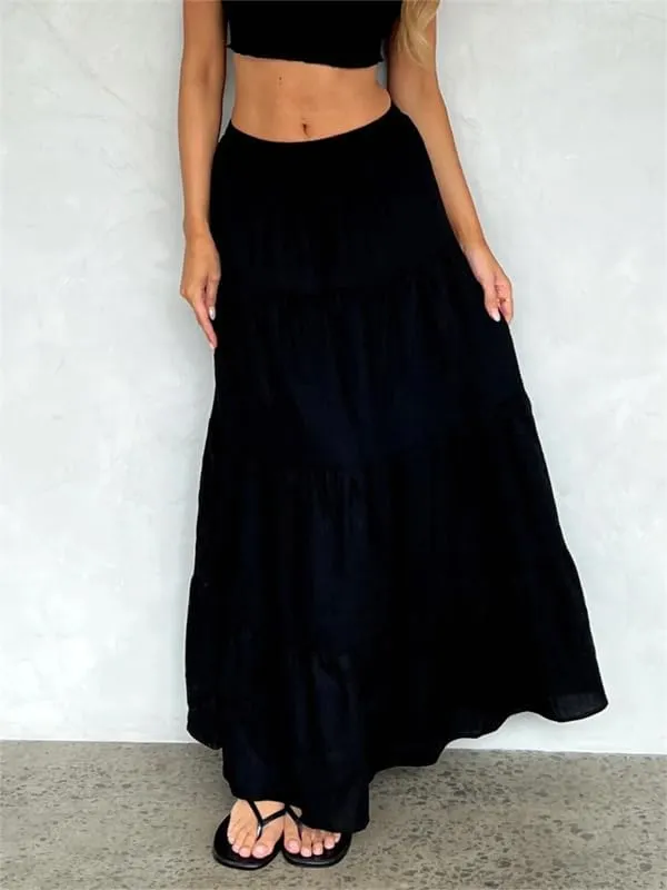 Sastianaen Women Y2k Ruffle Maxi Skirt Vintage Flowy A Line Tiered Long Skirt Boho High Waist Skirt Going Out Beachwear