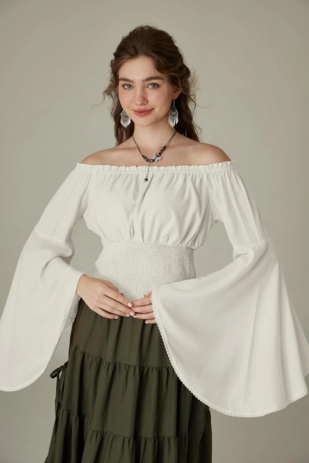 Scarlet Darkness Women Bell Sleeve Smocked Top Off The Shoulder Peasant Blouse Renaissance Pirate Shirt