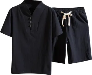 Sets for Mens Summer Fall Linen Beach Match Hawaiian Ruched 2 Piece Top T Shirts Shorts Sets Man 2024
