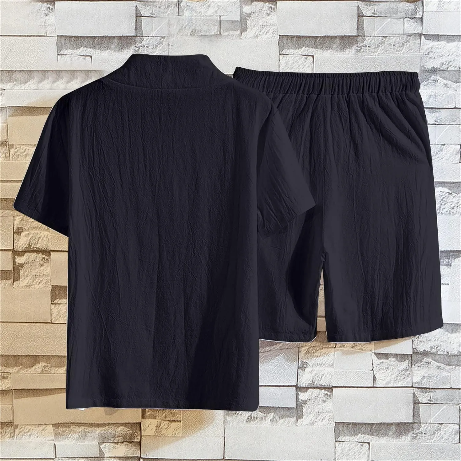 Sets for Mens Summer Fall Linen Beach Match Hawaiian Ruched 2 Piece Top T Shirts Shorts Sets Man 2024