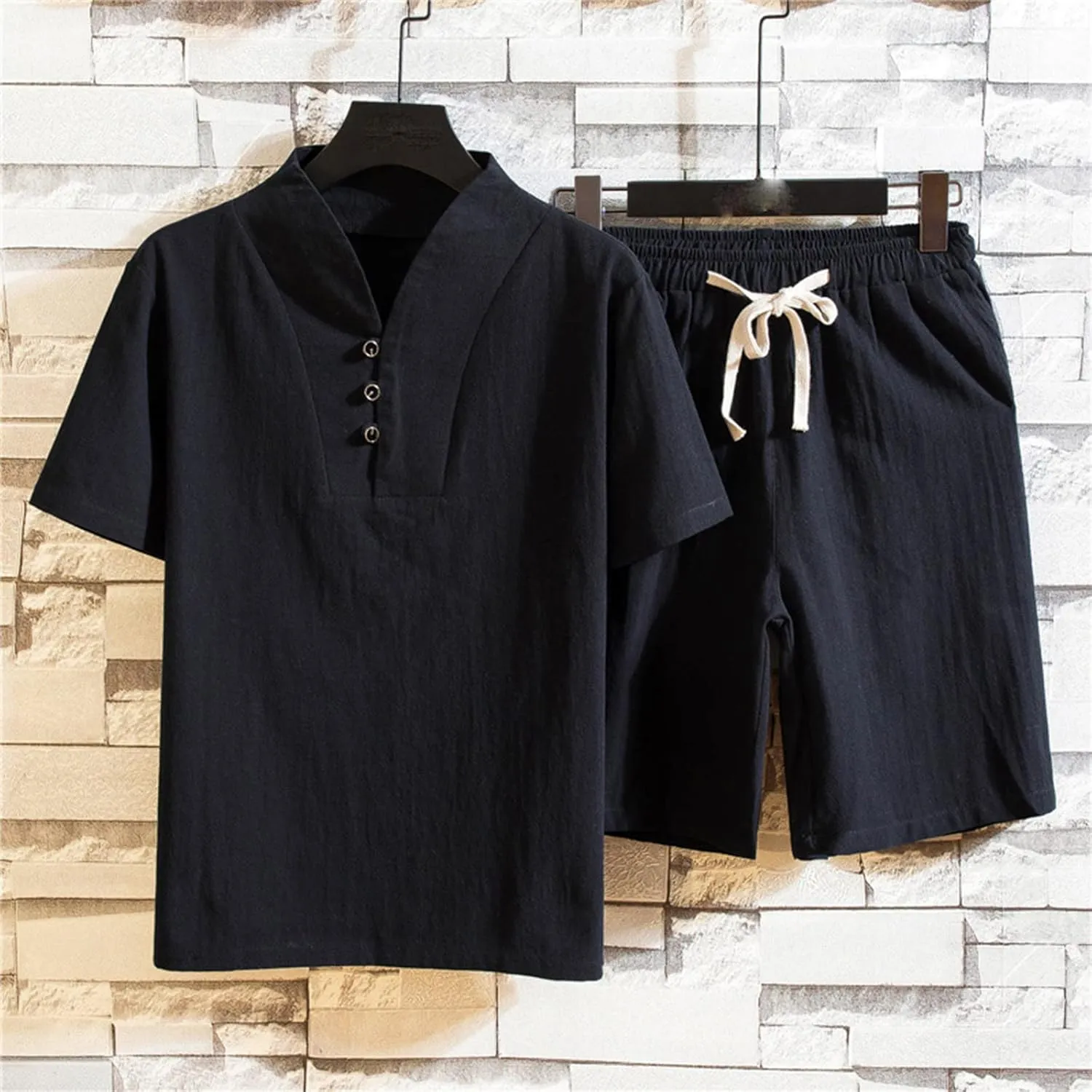 Sets for Mens Summer Fall Linen Beach Match Hawaiian Ruched 2 Piece Top T Shirts Shorts Sets Man 2024