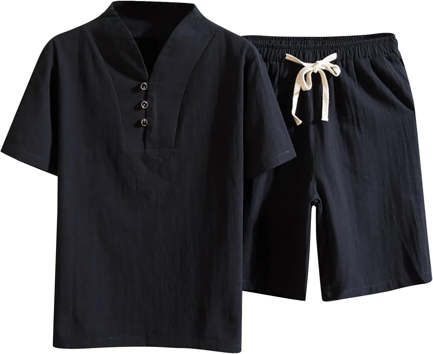 Sets for Mens Summer Fall Linen Beach Match Hawaiian Ruched 2 Piece Top T Shirts Shorts Sets Man 2024