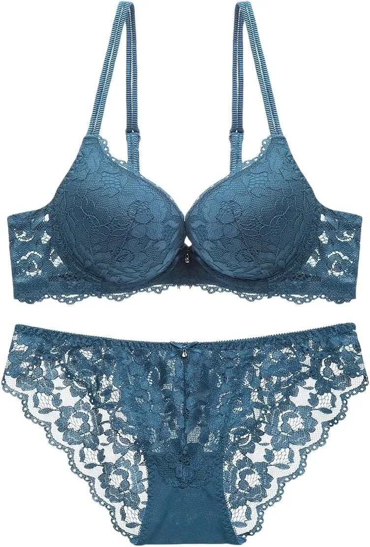 Sexy Floral Embroidered Flower Mesh Underwire Push Up Lingerie Set Wireless Bras Seamless Panties
