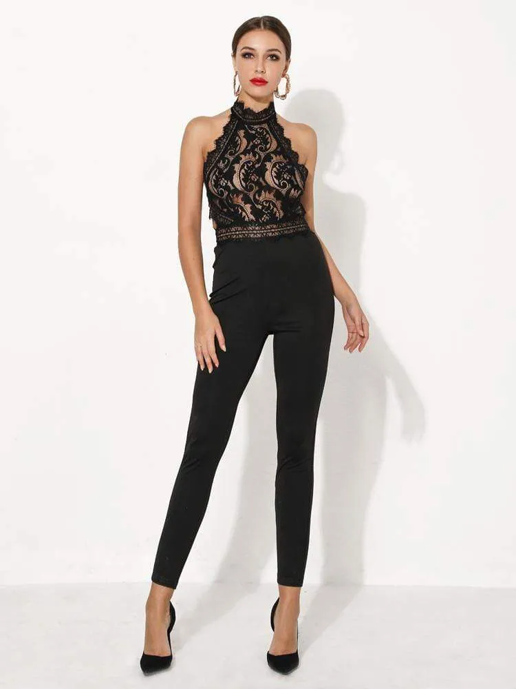 Sexy Halter Black Lace Corset Jumpsuits