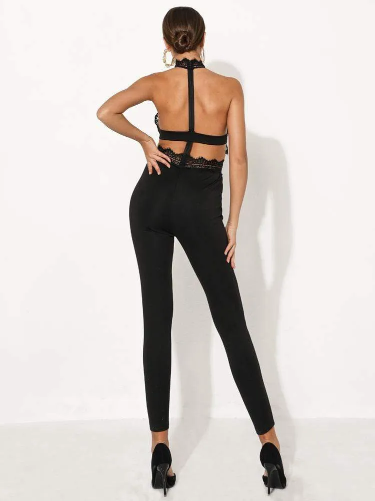 Sexy Halter Black Lace Corset Jumpsuits