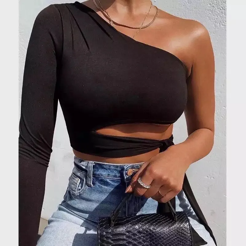 Sexy One Shoulder Long Sleeve Crop Tops