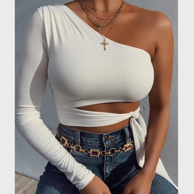 Sexy One Shoulder Long Sleeve Crop Tops