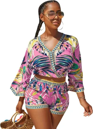 Sexy Two Piece Shorts Set - African Floral Jumpsuits Rompers Vacation Club Outfit