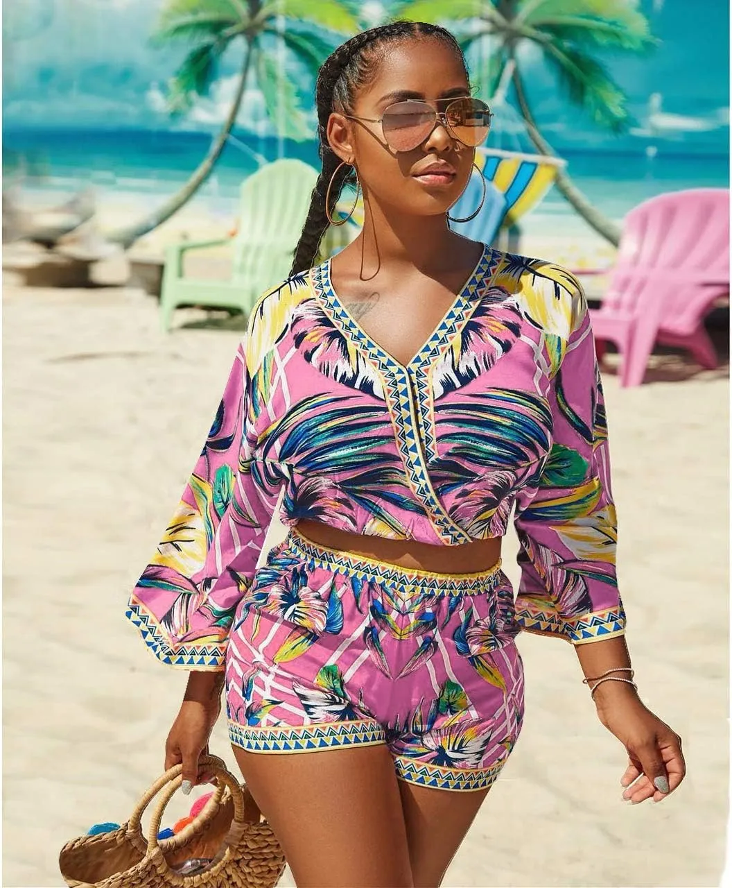 Sexy Two Piece Shorts Set - African Floral Jumpsuits Rompers Vacation Club Outfit