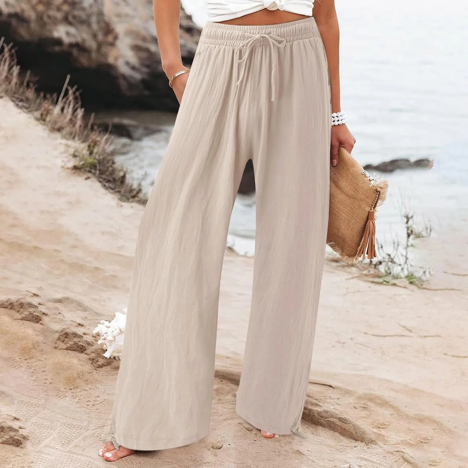 SHAOBGE Linen Pants Women Comfy Flowy Wide Leg Pants Trousers Summer High Waisted Beach Palazzo Pants with Pockets 2024