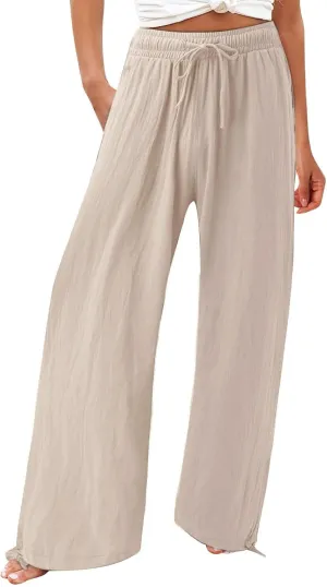 SHAOBGE Linen Pants Women Comfy Flowy Wide Leg Pants Trousers Summer High Waisted Beach Palazzo Pants with Pockets 2024