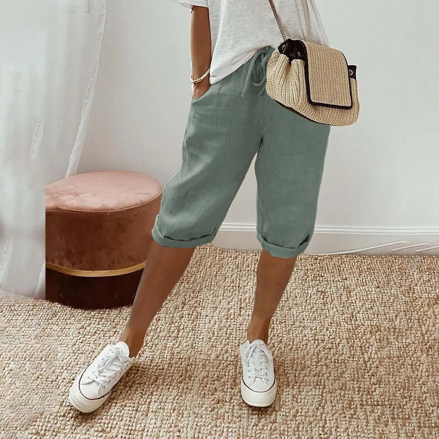 SHAOBGE Summer Pants for Women 2024 Women's Knee Length Short Pants Ladies Loose Drawstring Casual Trendy Pants