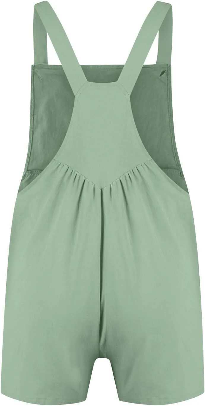 Short Overalls for Women Casual Summer Jumpsuits Button Up Adjustable Straps Loose Linen Fit Bib Rompers with Pockets