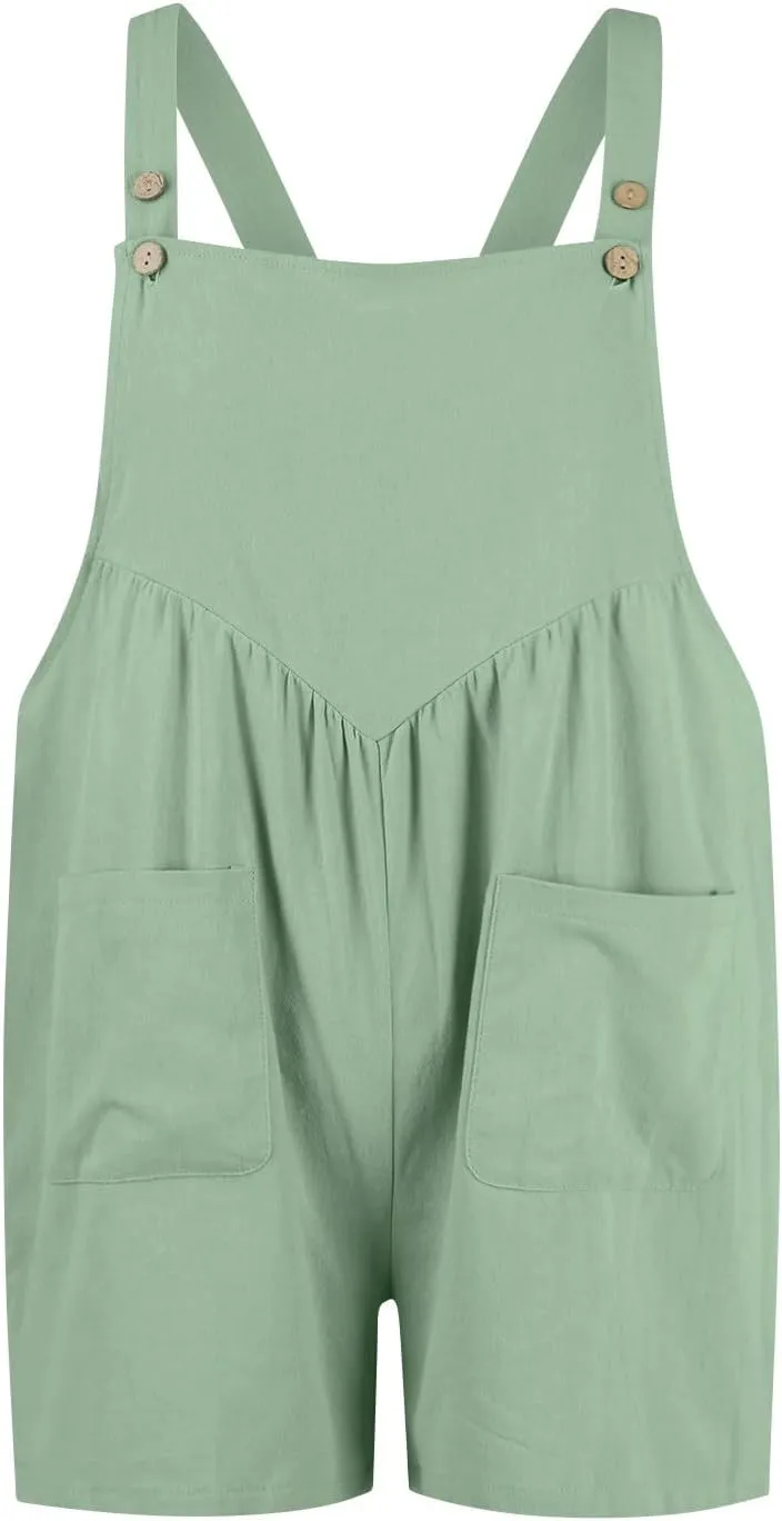 Short Overalls for Women Casual Summer Jumpsuits Button Up Adjustable Straps Loose Linen Fit Bib Rompers with Pockets